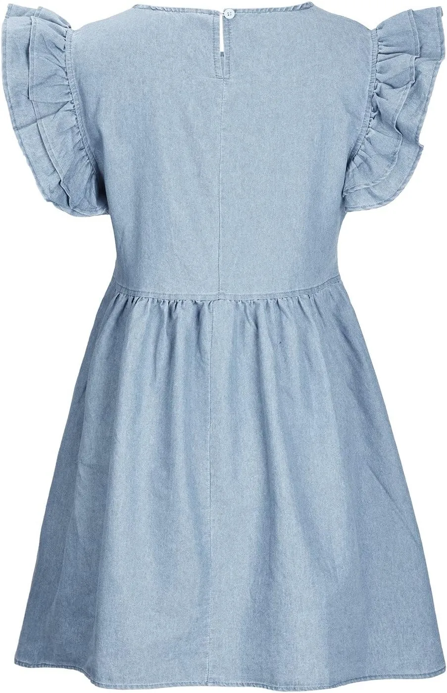 Oplxuo Women's Jean Tank Dresses Summer Crew Neck Ruffle Cap Sleeve Casual Denim Mini Dress Slim A-Line Tunic Babydoll Dress