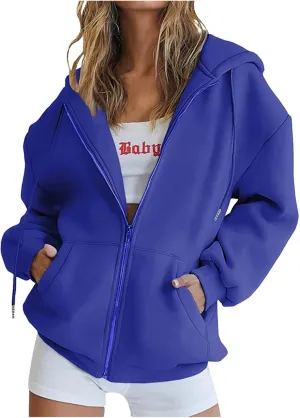 Oversized Zip Up Hoodies for Women Casual Drawstring Teen Girl Y2K Sweatshirts Long Sleeve Fall Jackets With Pockets