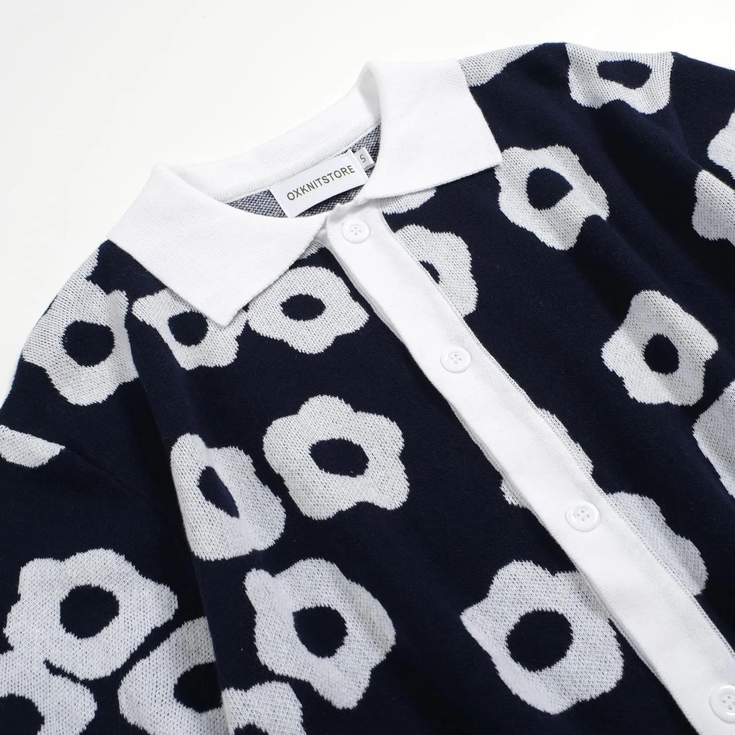 OXKNIT Mens Vintage Polo Shirts Casual Flower Pattern Knit Golf Polo Shirts Short Sleeve Jacquard Design