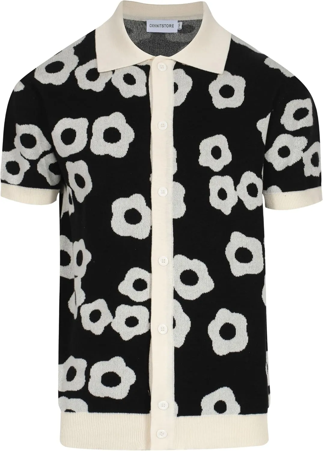 OXKNIT Mens Vintage Polo Shirts Casual Flower Pattern Knit Golf Polo Shirts Short Sleeve Jacquard Design