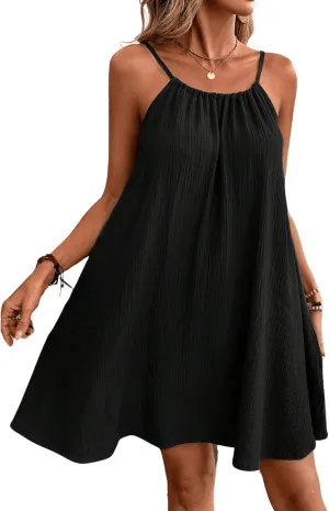 OYOANGLE Women's Summer Dress Spaghetti Strap Tie Back Flared A Line Short Dress Loose Casual Sundress