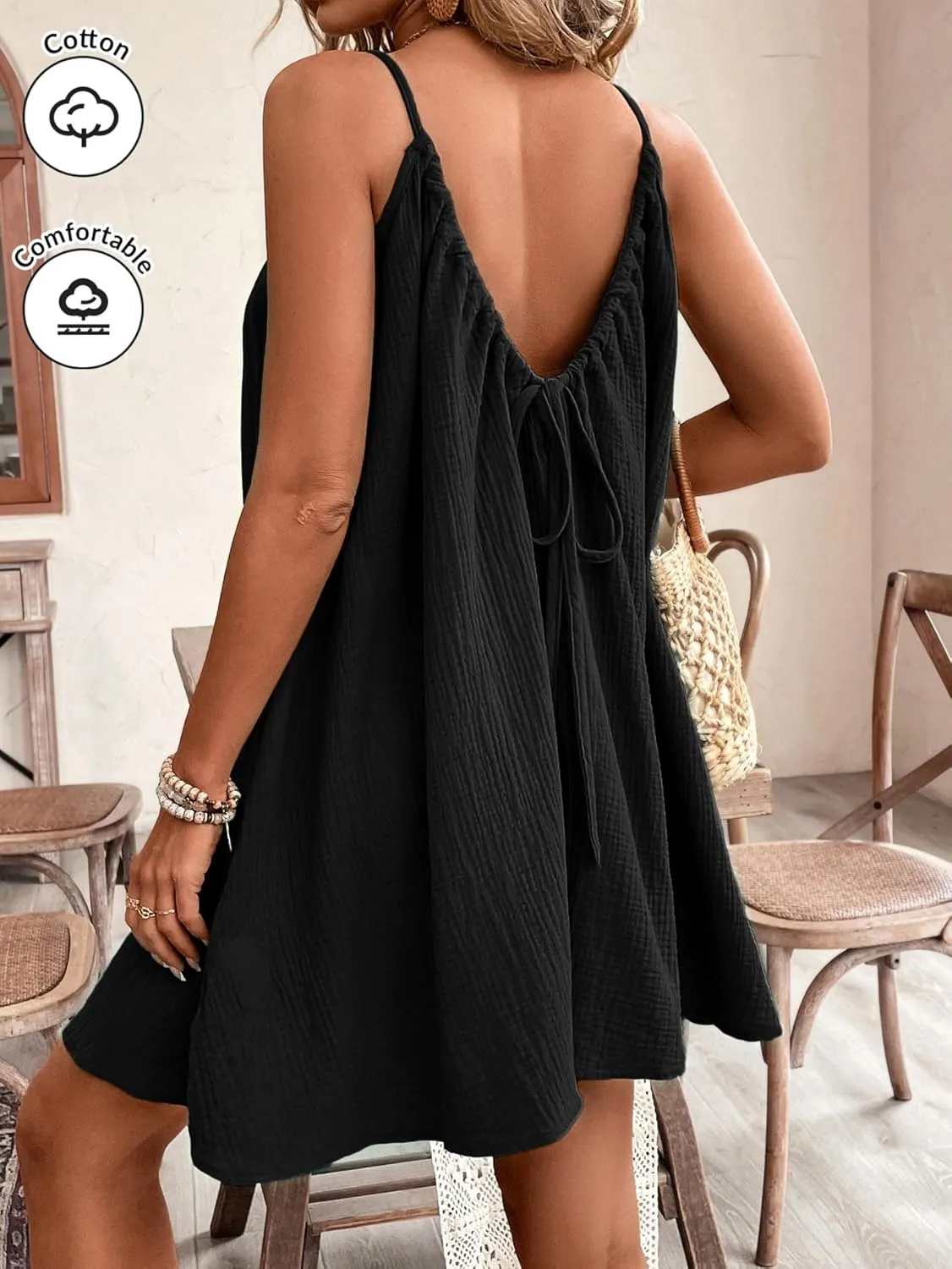 OYOANGLE Women's Summer Dress Spaghetti Strap Tie Back Flared A Line Short Dress Loose Casual Sundress