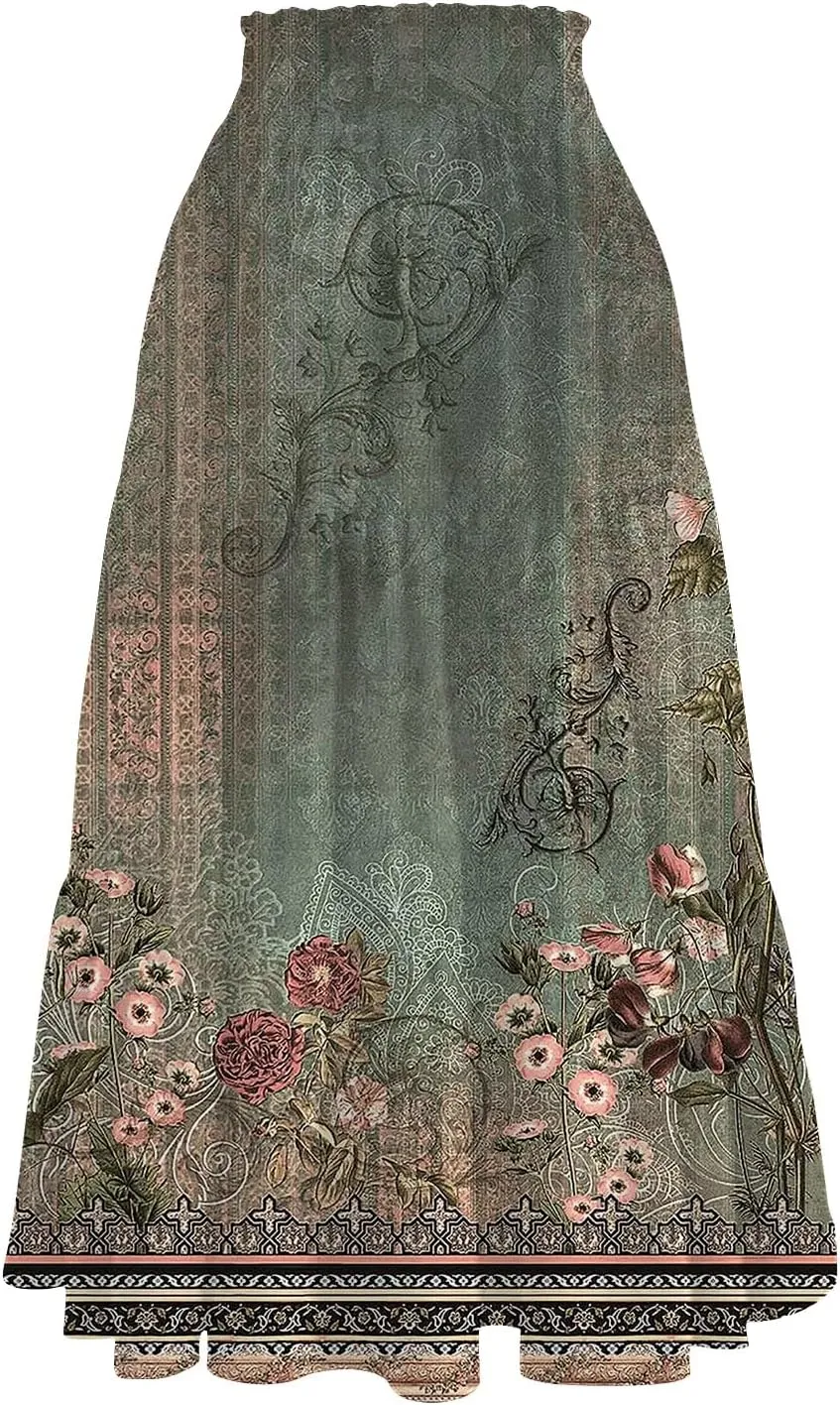 Palaver Boho Midi Skirts for Women Summer Boho Smocked High Waisted Skirt Vacation A-Line Long Flowy Skirts with Pockets