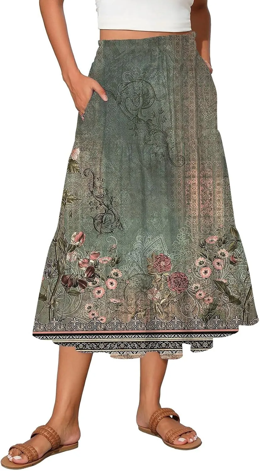 Palaver Boho Midi Skirts for Women Summer Boho Smocked High Waisted Skirt Vacation A-Line Long Flowy Skirts with Pockets