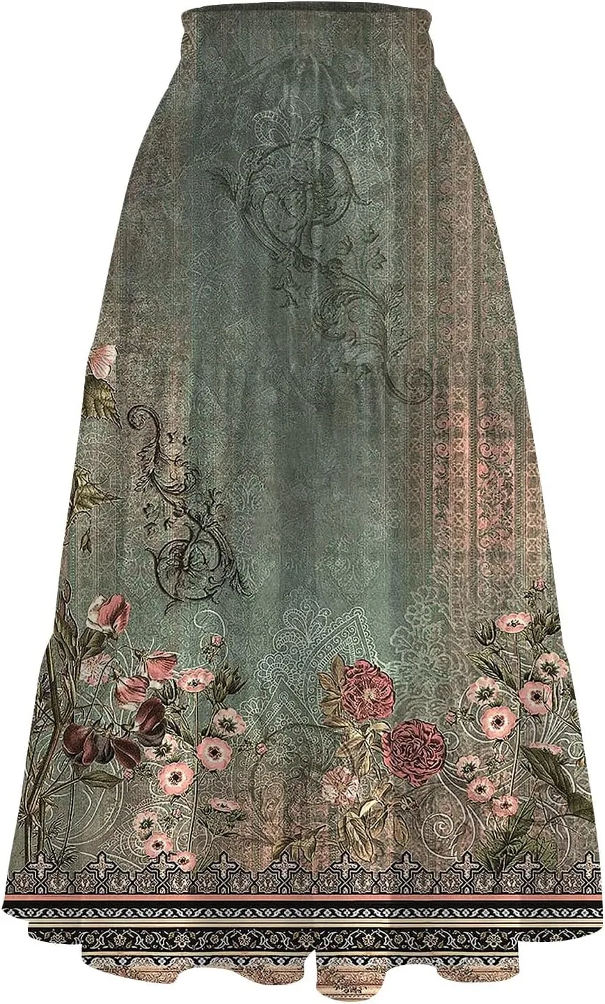 Palaver Boho Midi Skirts for Women Summer Boho Smocked High Waisted Skirt Vacation A-Line Long Flowy Skirts with Pockets