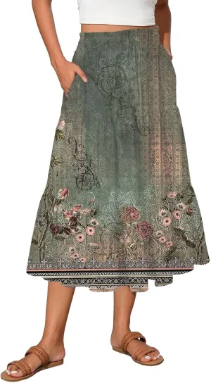 Palaver Boho Midi Skirts for Women Summer Boho Smocked High Waisted Skirt Vacation A-Line Long Flowy Skirts with Pockets