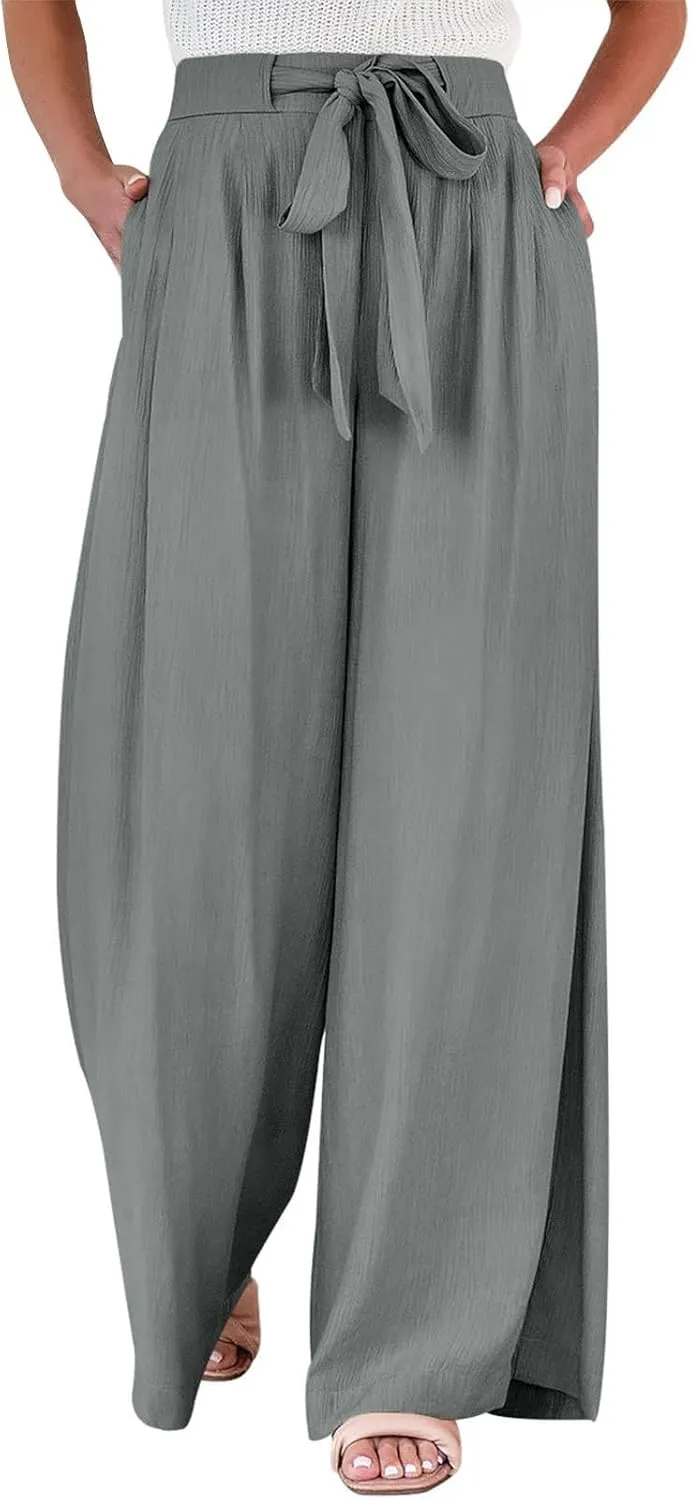 Palazzo Pants for Women Casual Tie High Waist Baggy Flowy Pants Beach Boho Business Dressy Lounge Slacks with Pockets