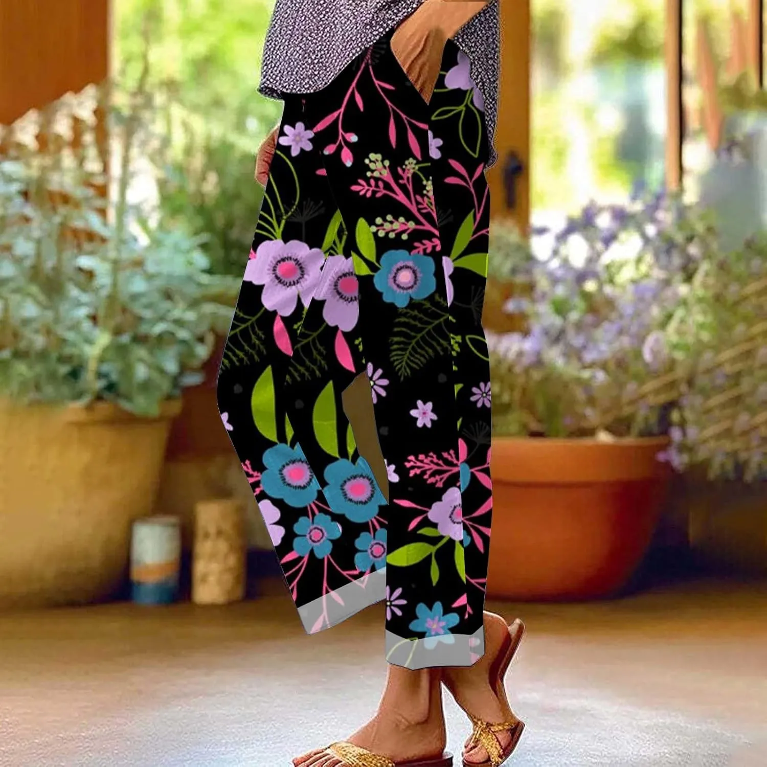 Palazzo Pants Women High Waist Wide Leg Printed Linen Pants Plus Size Summer Beach Trousers Flowy Comfy Lounge Pants