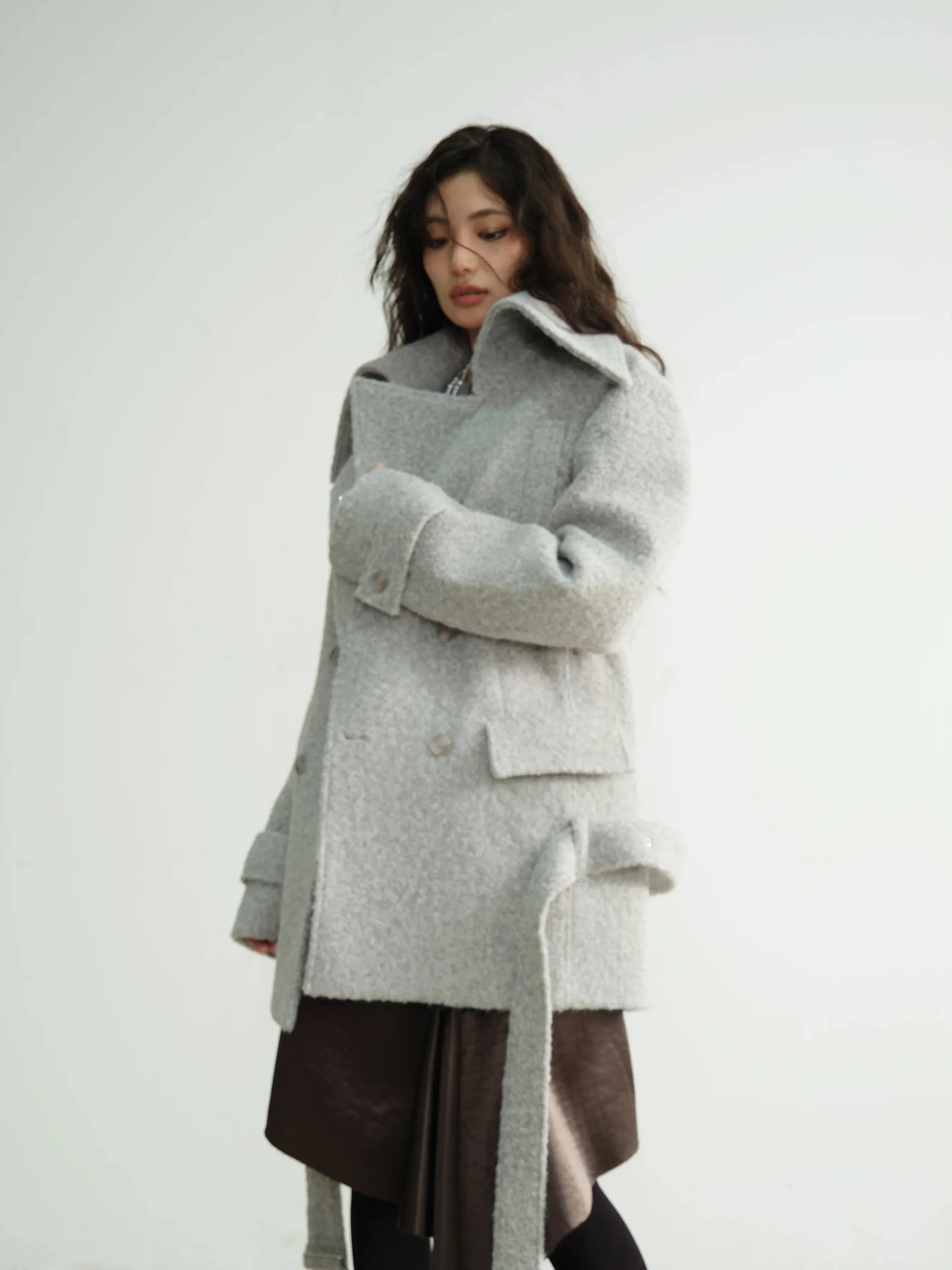 Patchwork Pockets Belted Long Sleeve Spliced Button Woollen Coat
