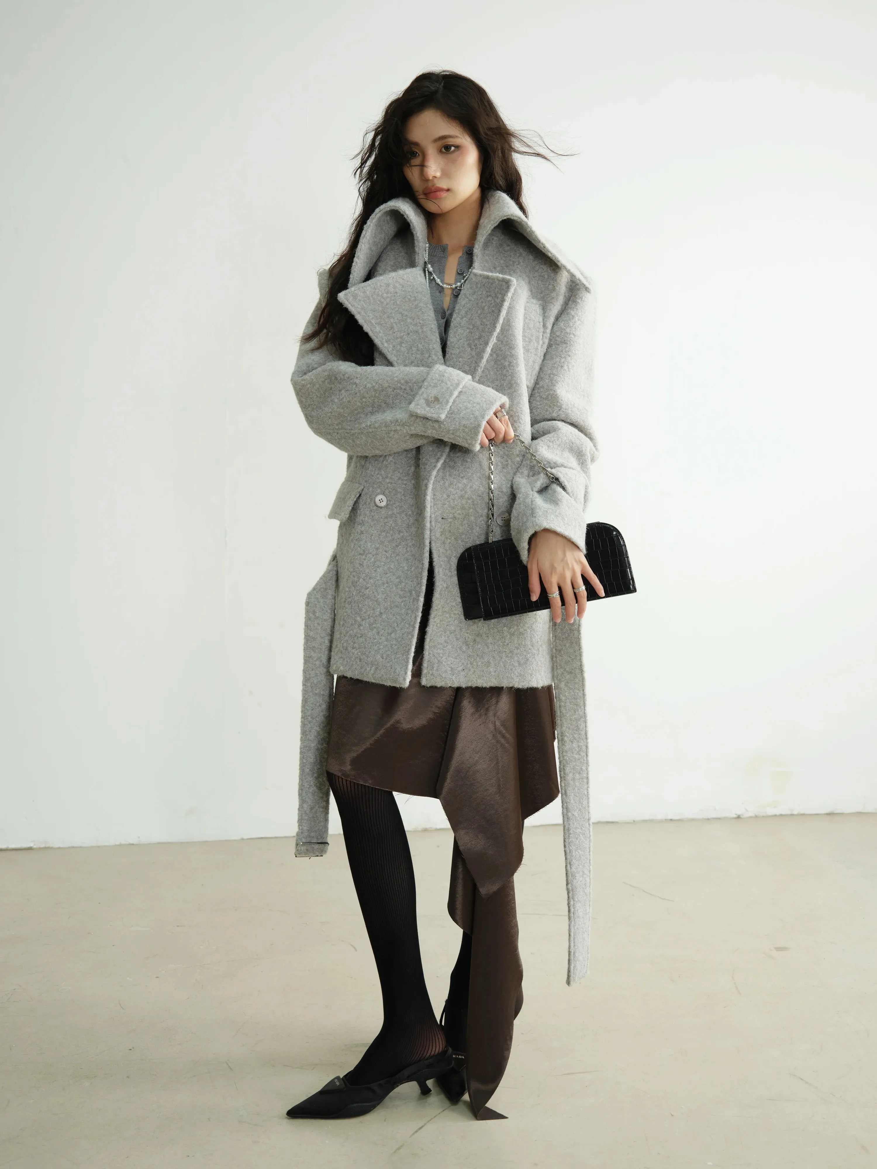 Patchwork Pockets Belted Long Sleeve Spliced Button Woollen Coat