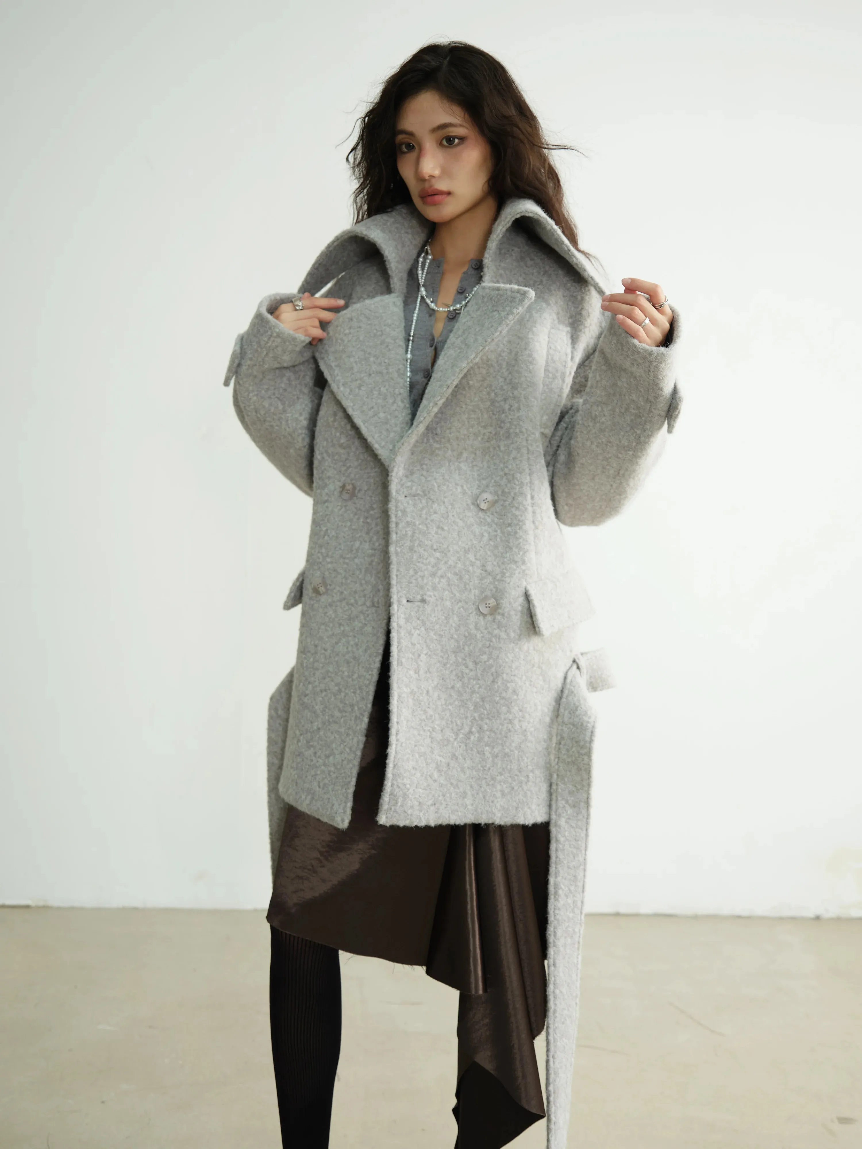 Patchwork Pockets Belted Long Sleeve Spliced Button Woollen Coat