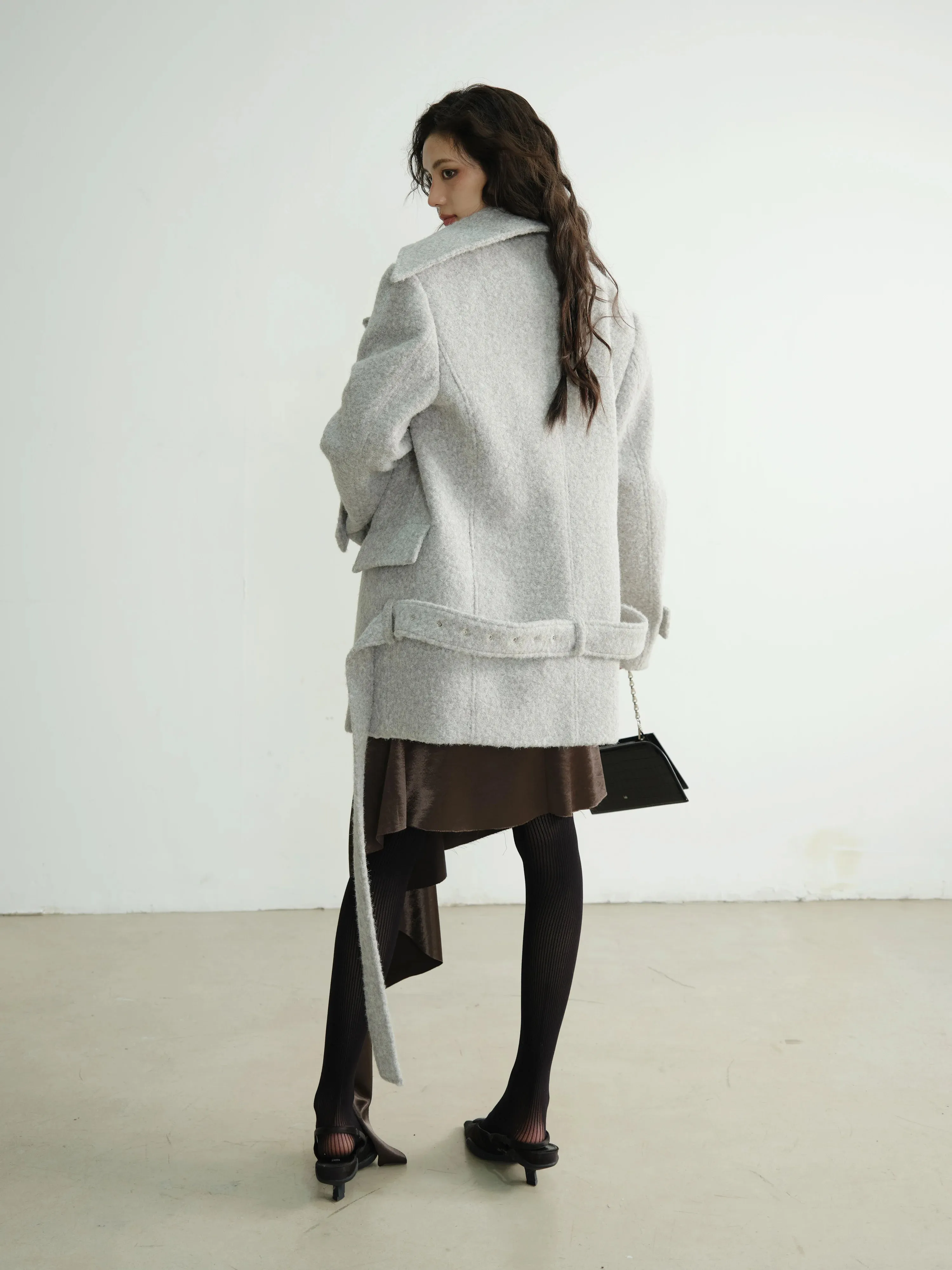 Patchwork Pockets Belted Long Sleeve Spliced Button Woollen Coat