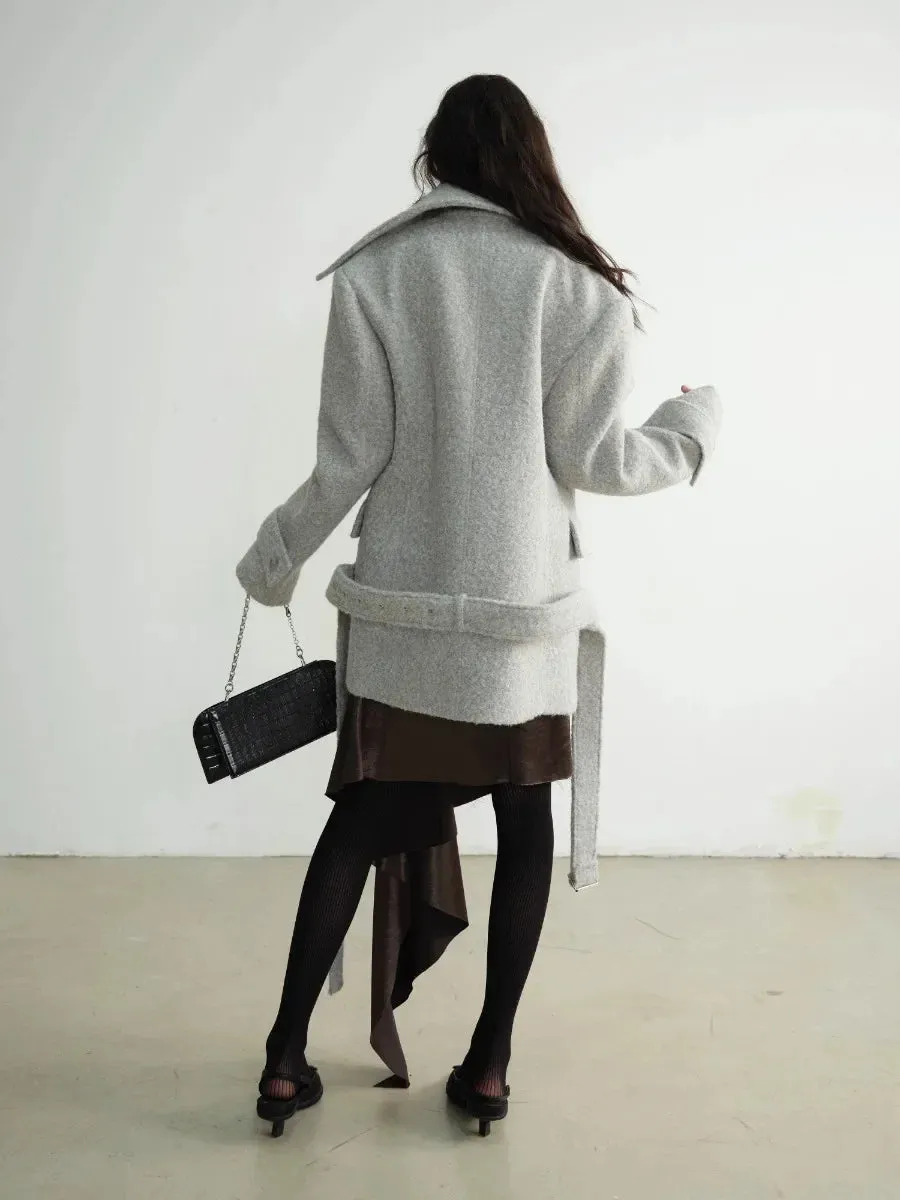 Patchwork Pockets Belted Long Sleeve Spliced Button Woollen Coat