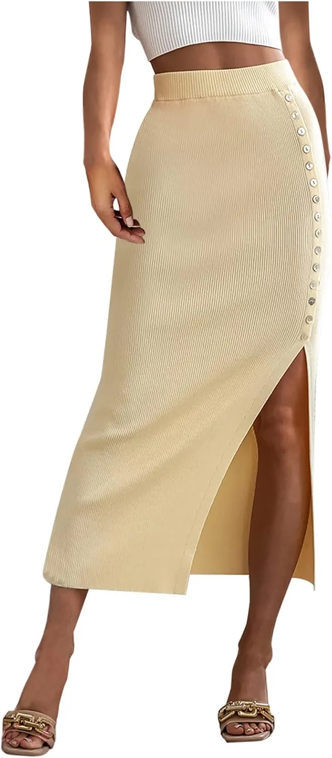 Pencil Skirt for Women Rib Knit Midi Skirt with Split High Waisted Bodycon Skirt Stretch Long Skirt Business Skirts