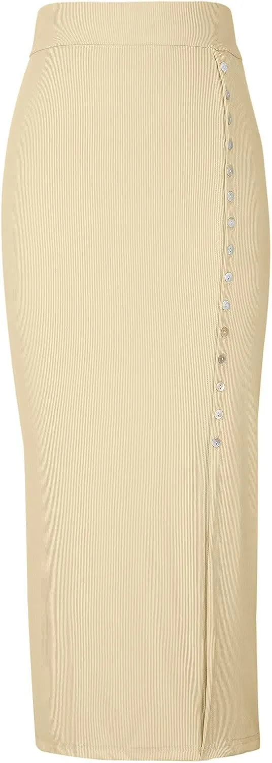 Pencil Skirt for Women Rib Knit Midi Skirt with Split High Waisted Bodycon Skirt Stretch Long Skirt Business Skirts