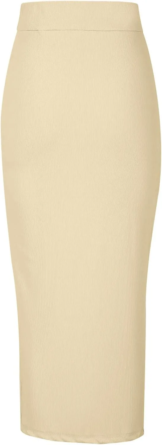 Pencil Skirt for Women Rib Knit Midi Skirt with Split High Waisted Bodycon Skirt Stretch Long Skirt Business Skirts