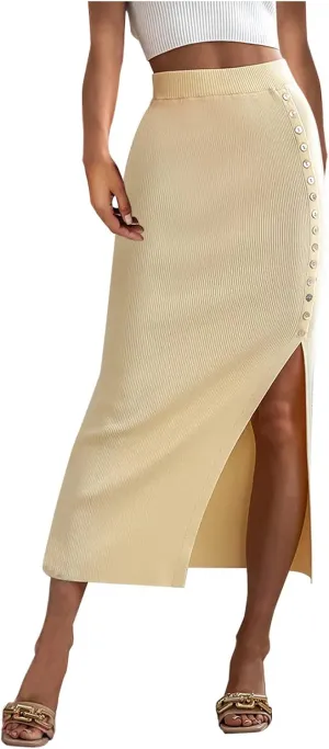 Pencil Skirt for Women Rib Knit Midi Skirt with Split High Waisted Bodycon Skirt Stretch Long Skirt Business Skirts