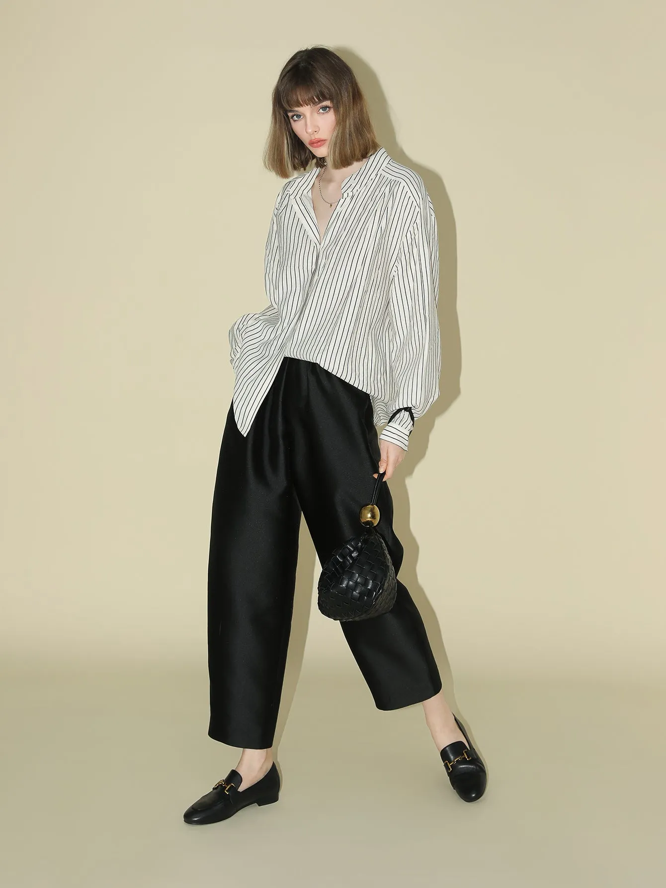 Pin Tuck Stripe Collared Long Sleeve Shirt