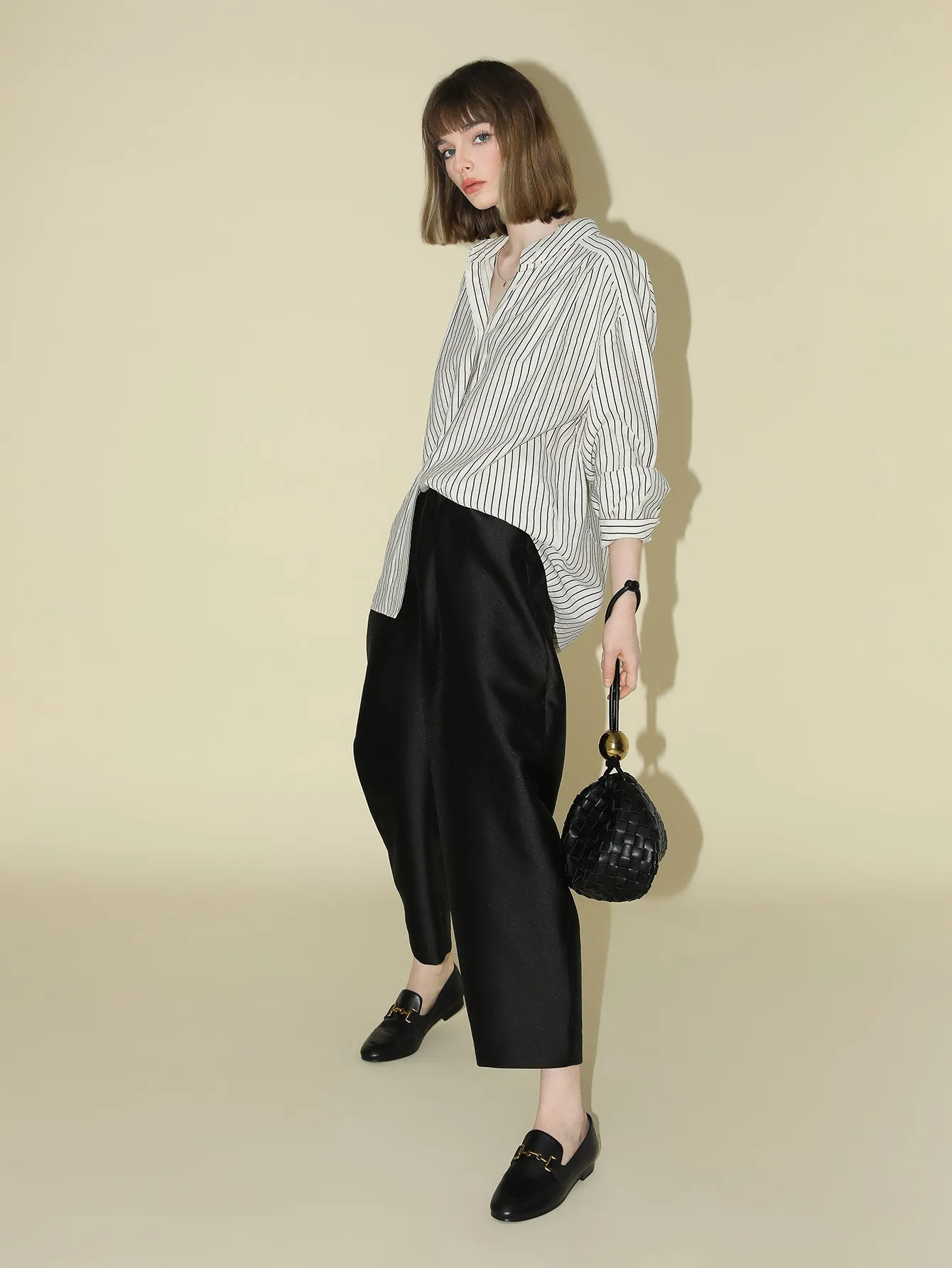 Pin Tuck Stripe Collared Long Sleeve Shirt