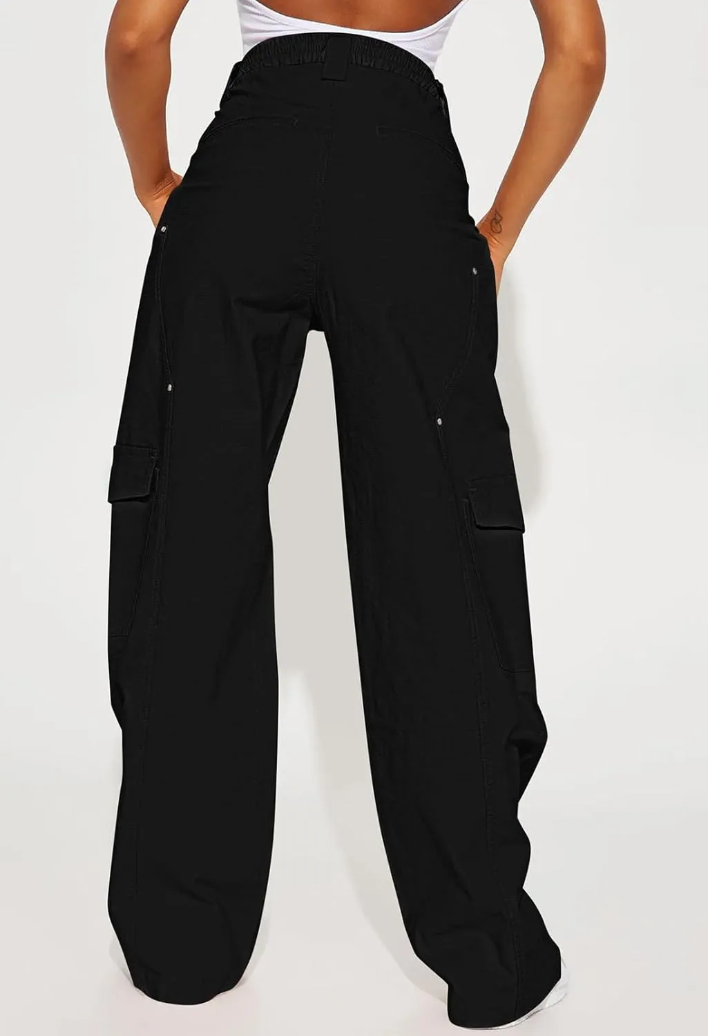 Pink Queen Women Cargo Pants Adustable Elastic High Waist Baggy Stretchy Wide Leg Y2k Combat Pants Trousers