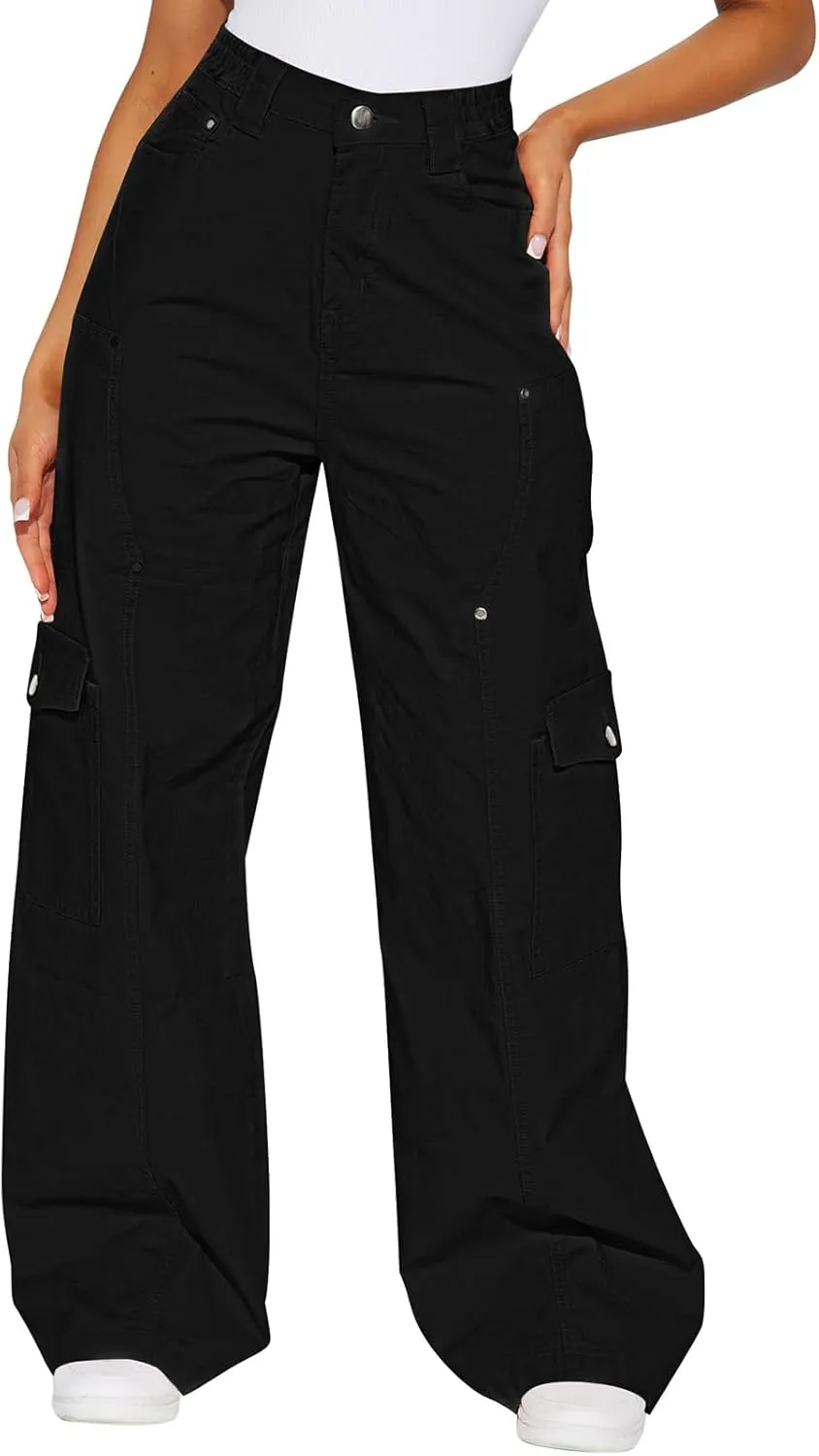 Pink Queen Women Cargo Pants Adustable Elastic High Waist Baggy Stretchy Wide Leg Y2k Combat Pants Trousers