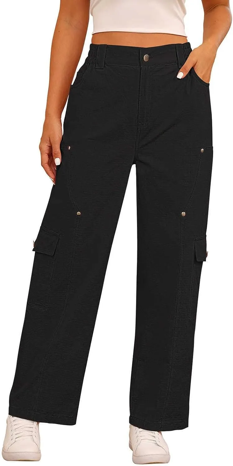 Pink Queen Women Cargo Pants Adustable Elastic High Waist Baggy Stretchy Wide Leg Y2k Combat Pants Trousers