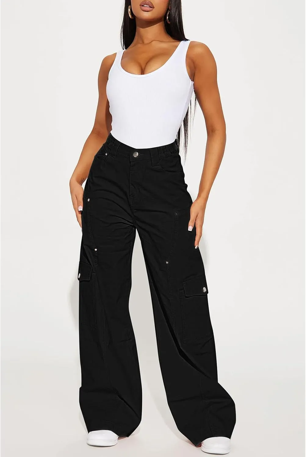 Pink Queen Women Cargo Pants Adustable Elastic High Waist Baggy Stretchy Wide Leg Y2k Combat Pants Trousers