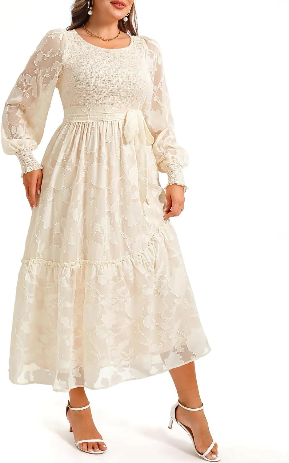 Pinup Fashion Plus Size Fall Dress - 2025 Wedding Guest Long Sleeve Floral Lace Long Dress with Belt