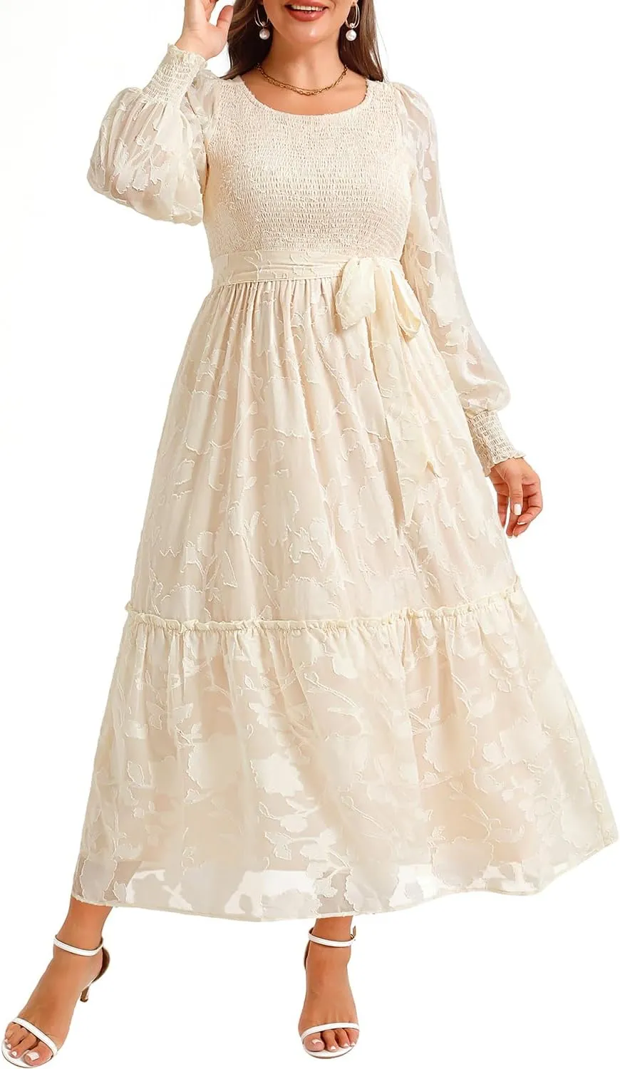 Pinup Fashion Plus Size Fall Dress - 2025 Wedding Guest Long Sleeve Floral Lace Long Dress with Belt