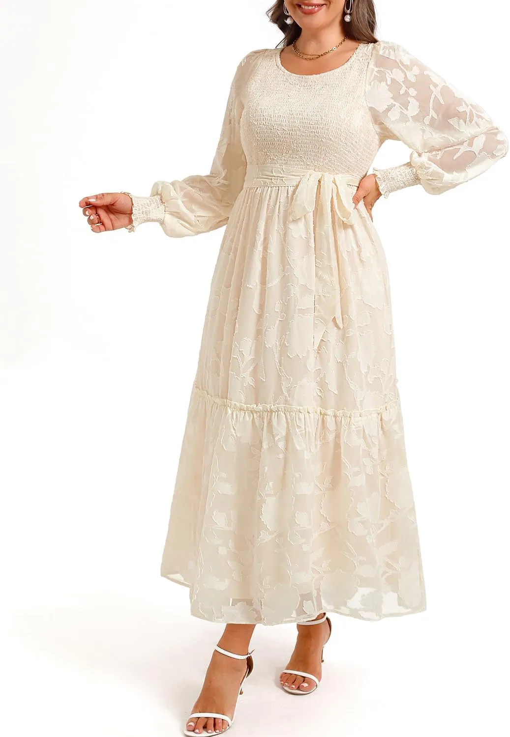 Pinup Fashion Plus Size Fall Dress - 2025 Wedding Guest Long Sleeve Floral Lace Long Dress with Belt