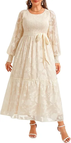 Pinup Fashion Plus Size Fall Dress - 2025 Wedding Guest Long Sleeve Floral Lace Long Dress with Belt