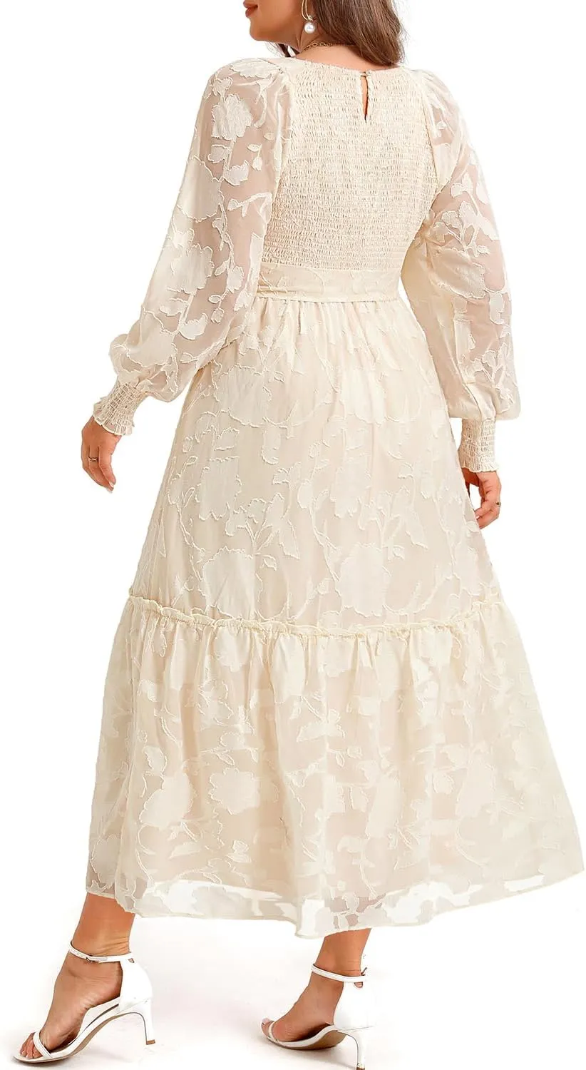 Pinup Fashion Plus Size Fall Dress - 2025 Wedding Guest Long Sleeve Floral Lace Long Dress with Belt