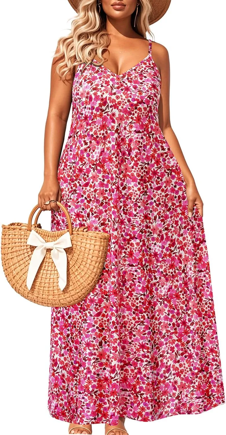 Pinup Fashion Women's Summer Maxi Dress Plus Size Sleeveless Spaghetti Strap Beach Long Dresses