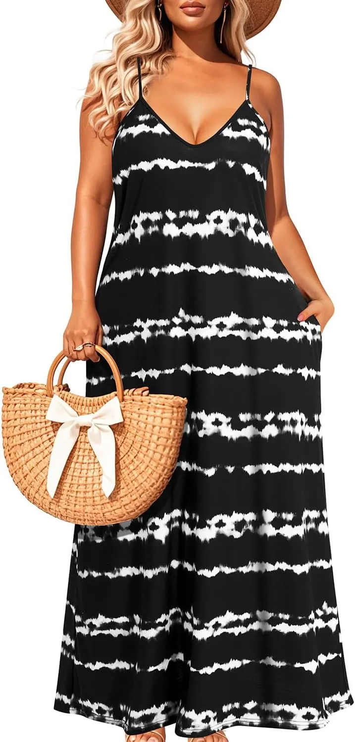 Pinup Fashion Women's Summer Maxi Dress Plus Size Sleeveless Spaghetti Strap Beach Long Dresses