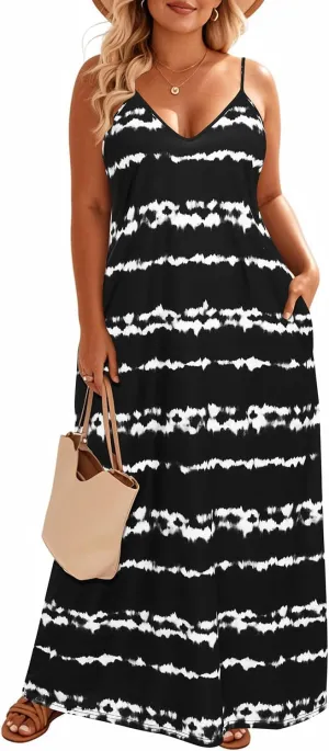 Pinup Fashion Women's Summer Maxi Dress Plus Size Sleeveless Spaghetti Strap Beach Long Dresses