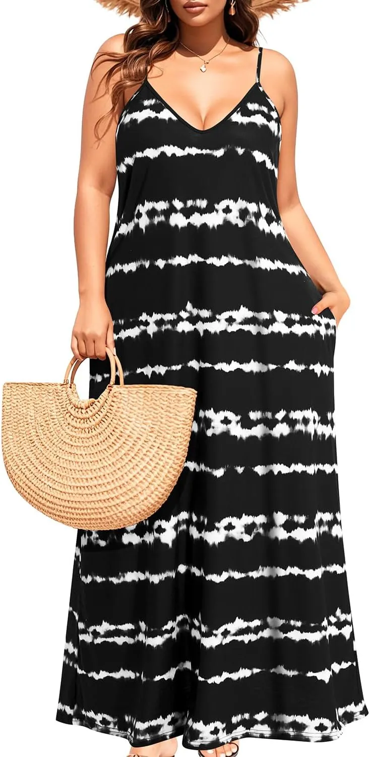 Pinup Fashion Women's Summer Maxi Dress Plus Size Sleeveless Spaghetti Strap Beach Long Dresses