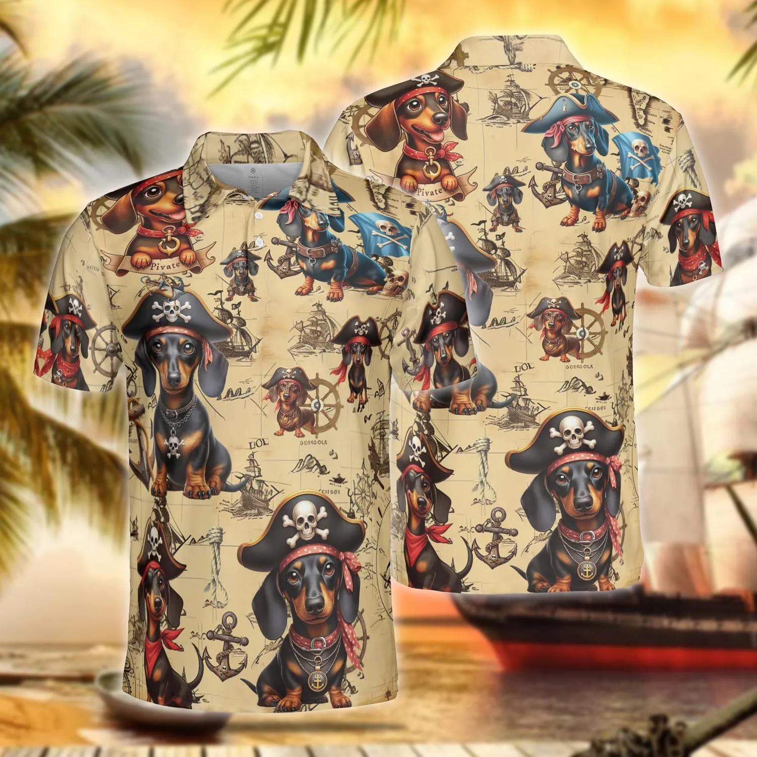 Pirate Dog Polo Shirts for Men - Sea Pirate Men's Regular Fit Quick Dry Golf Polo Shirt Series 14