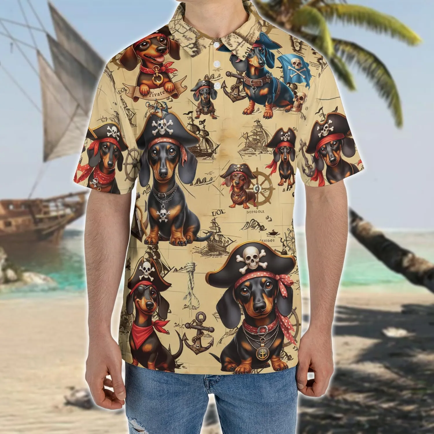 Pirate Dog Polo Shirts for Men - Sea Pirate Men's Regular Fit Quick Dry Golf Polo Shirt Series 14