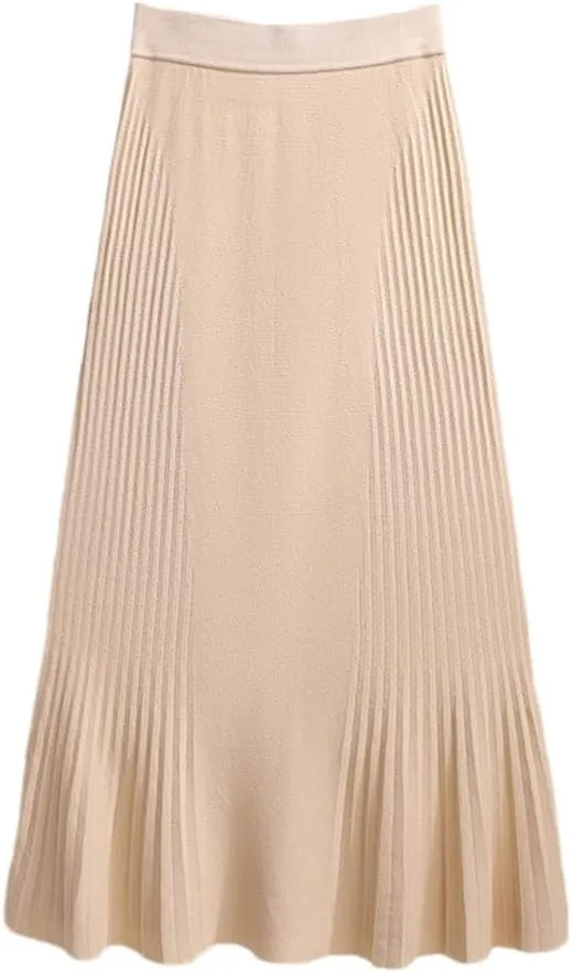 Pleated Knitted Midi Long Skirt for Women Autumn Winter High Waist Slim A-Line Large Swing Skirt Women Sweater Skirts