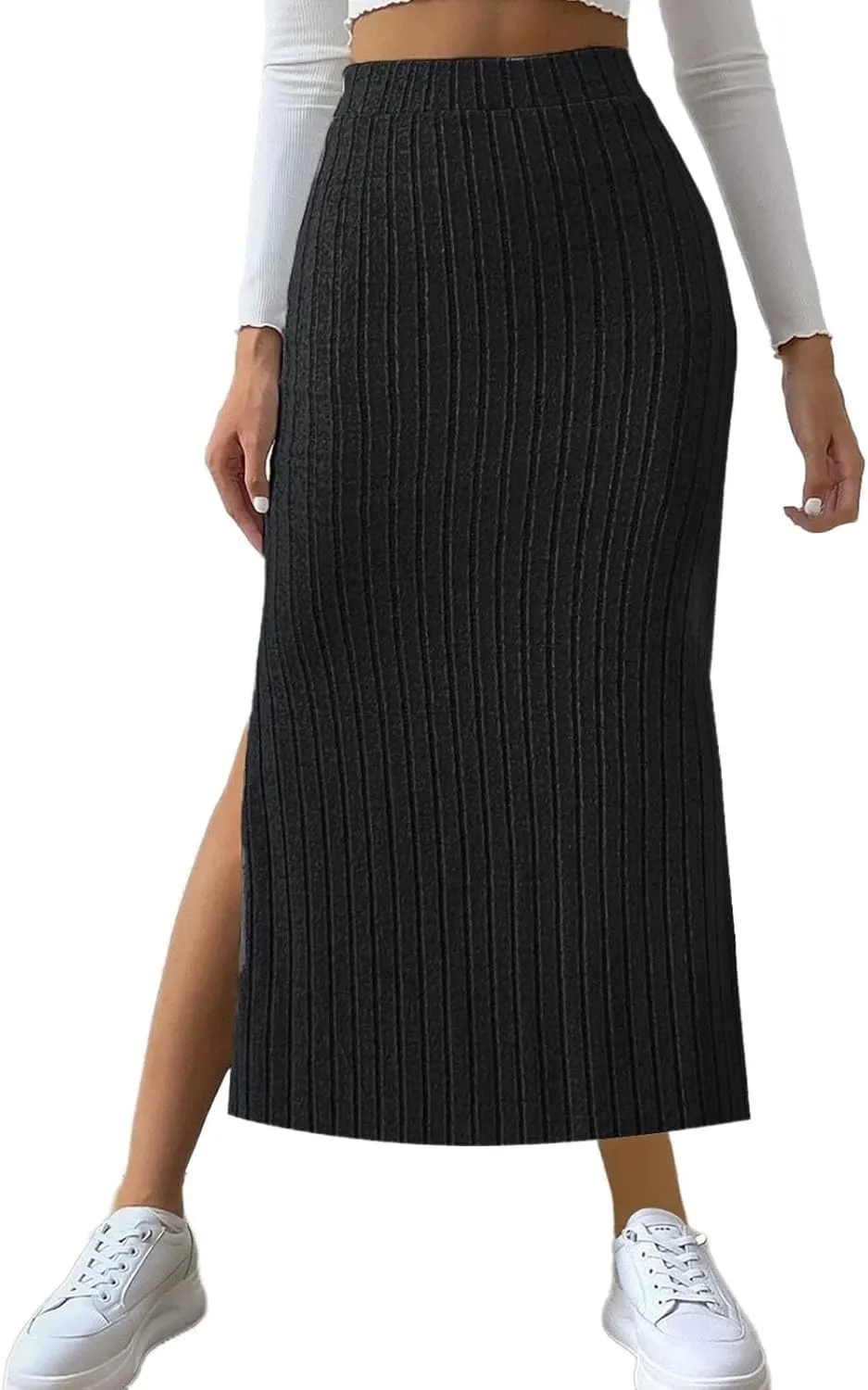 Plus Size Knitted Ribbed Skirt for Women High Waisted Stretch Bodycon Skirt Side Split Slim Fit Maxi Skirt Spring