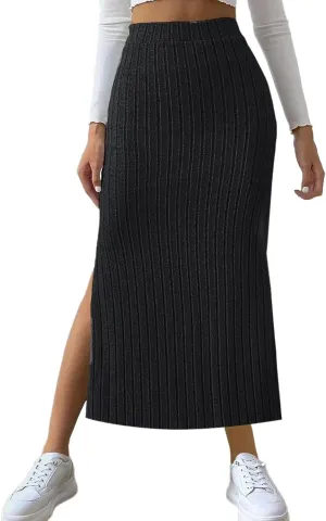 Plus Size Knitted Ribbed Skirt for Women High Waisted Stretch Bodycon Skirt Side Split Slim Fit Maxi Skirt Spring