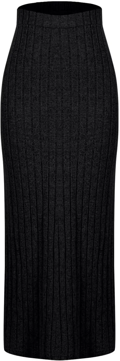Plus Size Knitted Ribbed Skirt for Women High Waisted Stretch Bodycon Skirt Side Split Slim Fit Maxi Skirt Spring