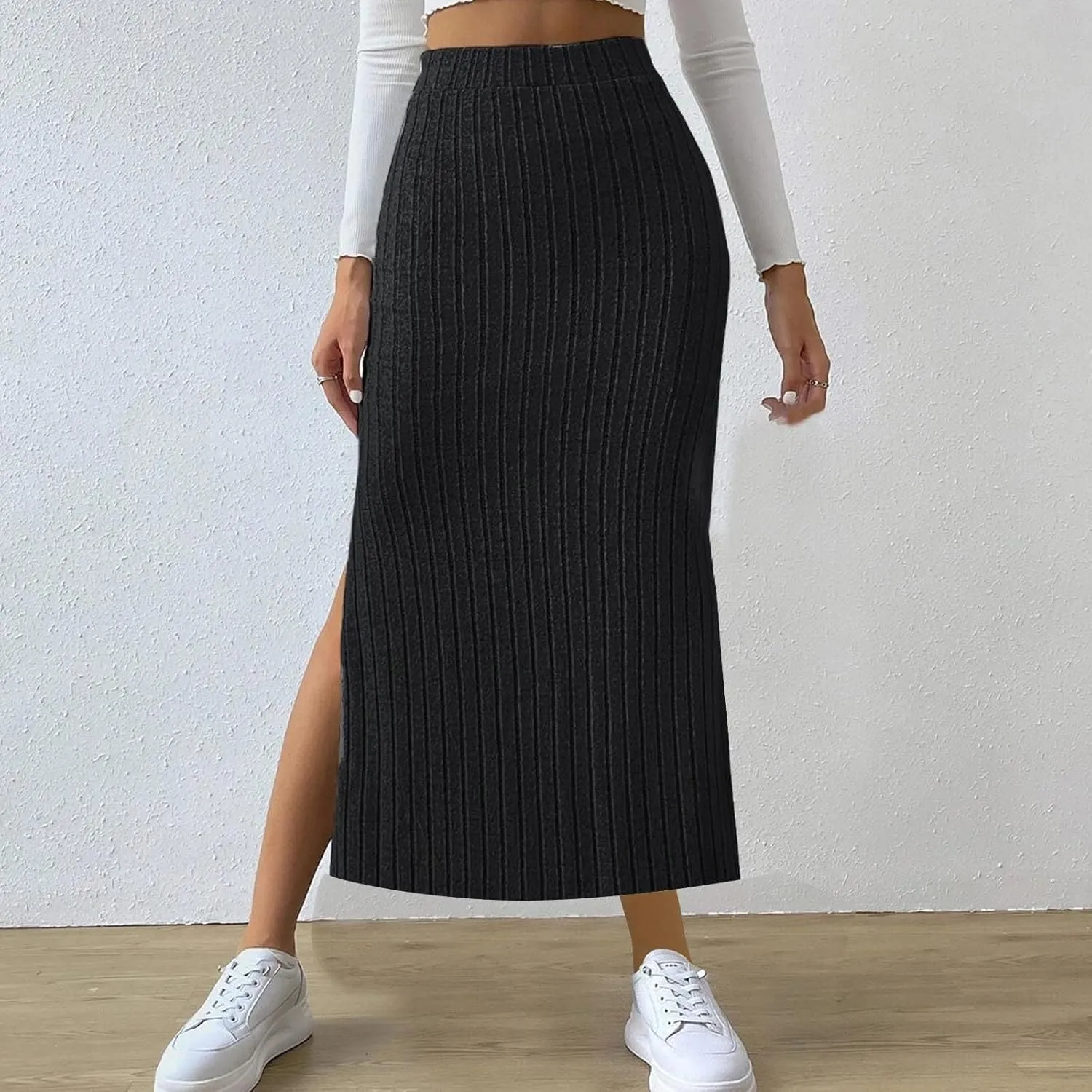 Plus Size Knitted Ribbed Skirt for Women High Waisted Stretch Bodycon Skirt Side Split Slim Fit Maxi Skirt Spring