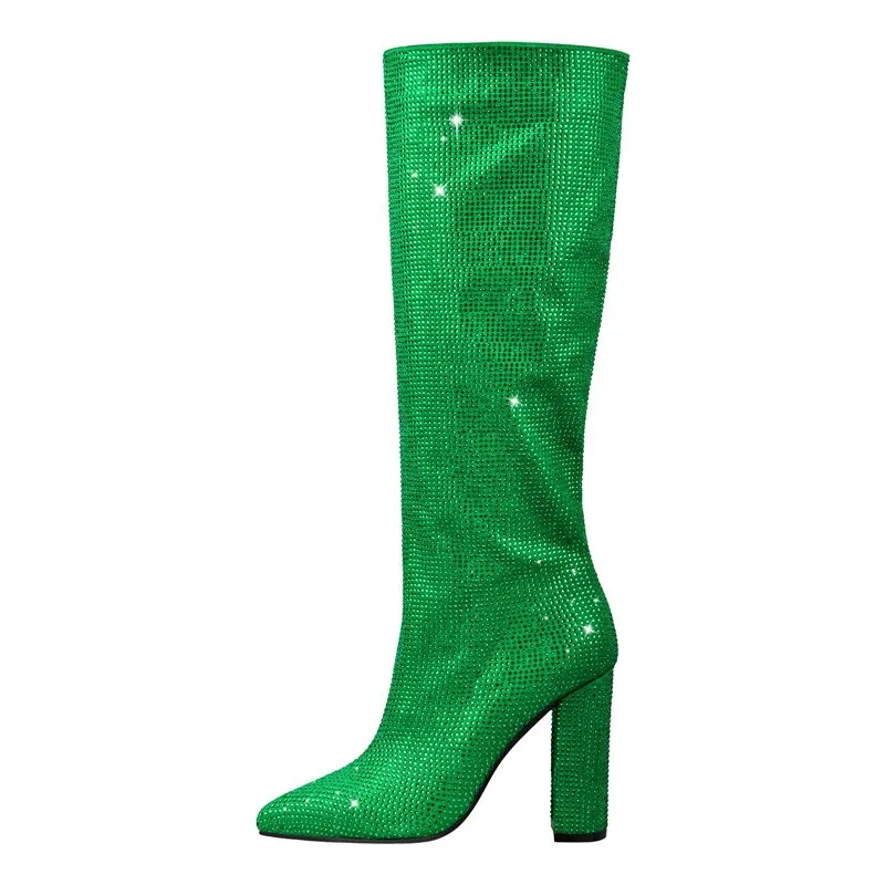Pointed Toe Rhinestones Bling Square Heels Knee-High Boots