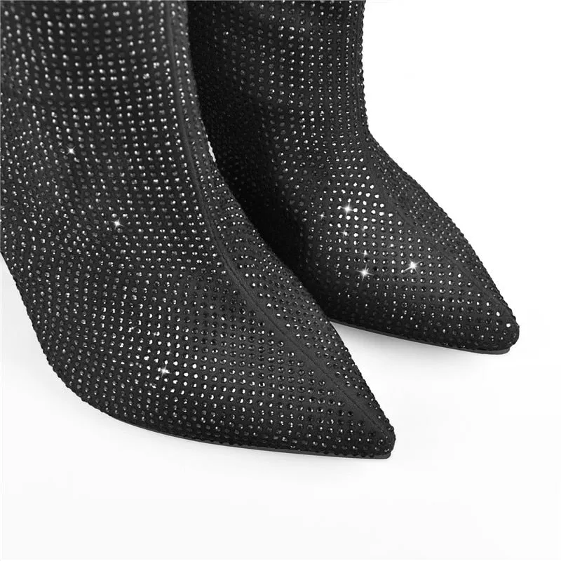 Pointed Toe Rhinestones Bling Square Heels Knee-High Boots