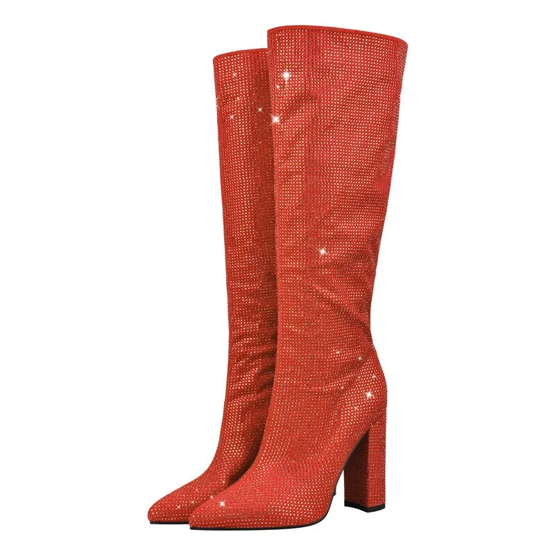 Pointed Toe Rhinestones Bling Square Heels Knee-High Boots