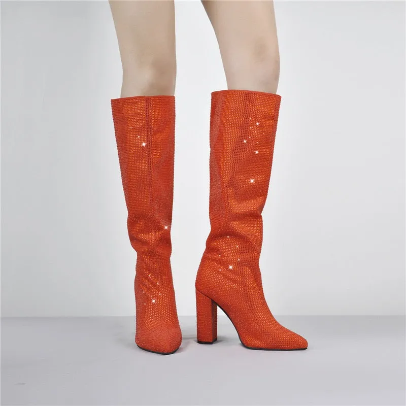 Pointed Toe Rhinestones Bling Square Heels Knee-High Boots