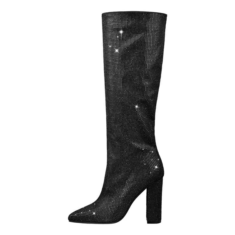 Pointed Toe Rhinestones Bling Square Heels Knee-High Boots