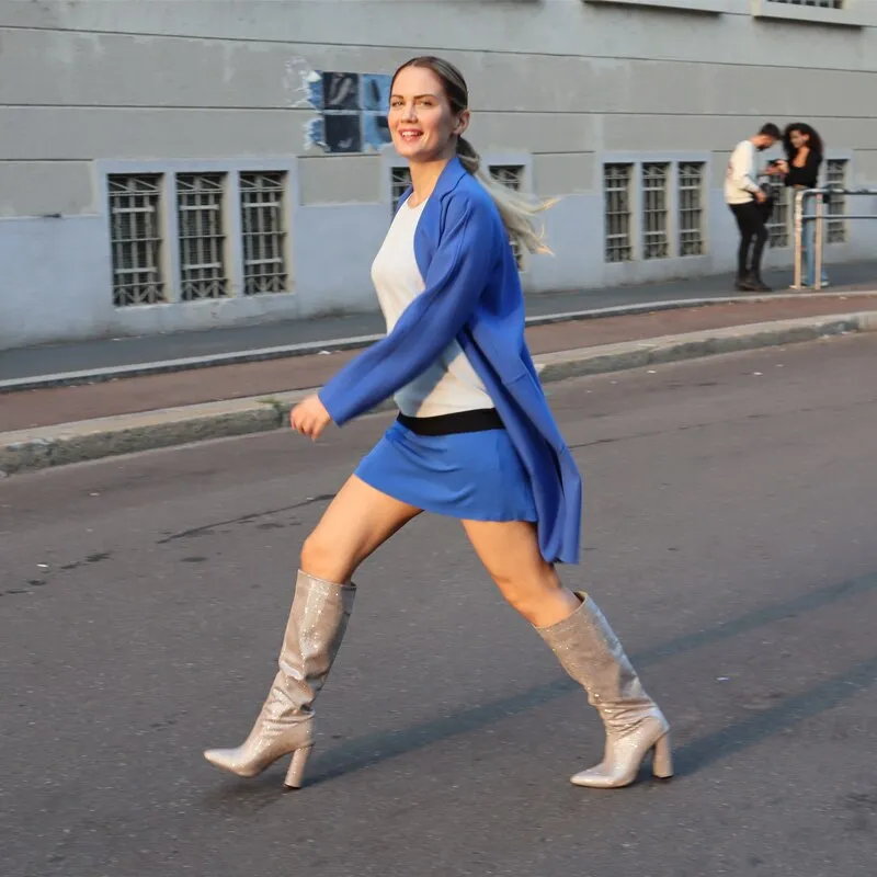Pointed Toe Rhinestones Bling Square Heels Knee-High Boots