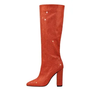 Pointed Toe Rhinestones Bling Square Heels Knee-High Boots